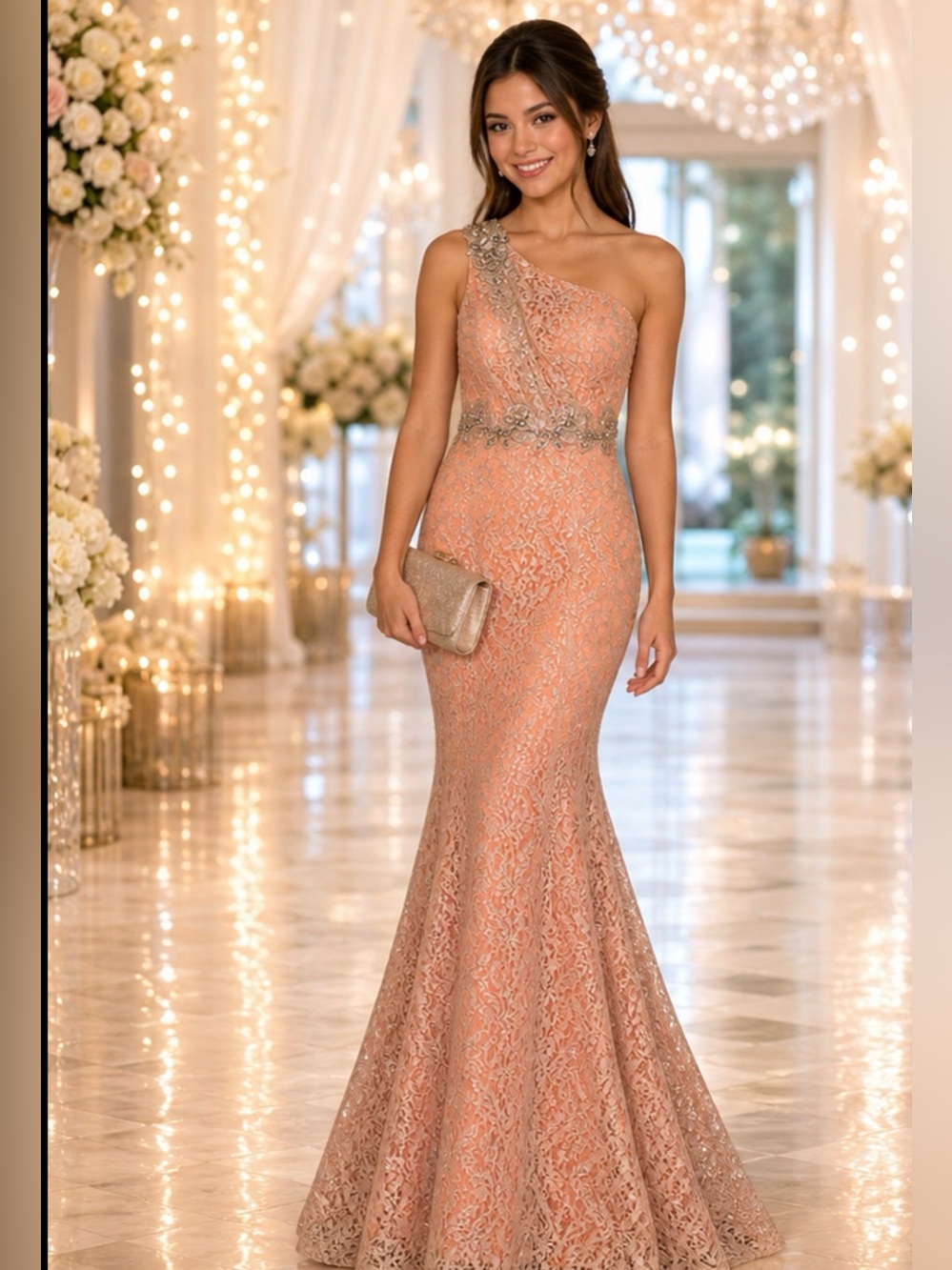 Jodi Kristopher Peach and Silver One-Shoulder Dress